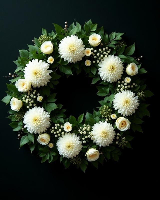 Großer Kranz für eine Gedenkfeier mit weißen Blüten und Efeu