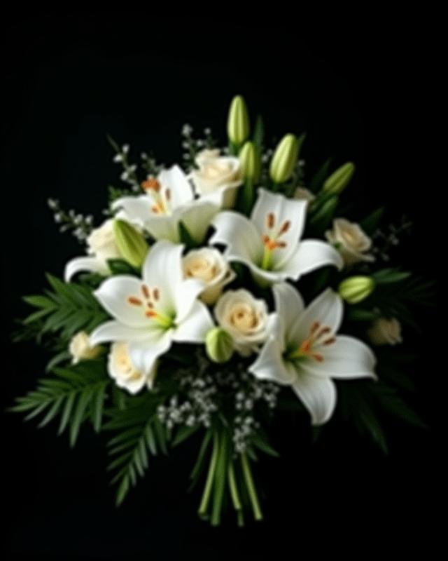 Würdevolles Gesteck für Trauerfeier mit weißen Lilien und grünen Akzenten